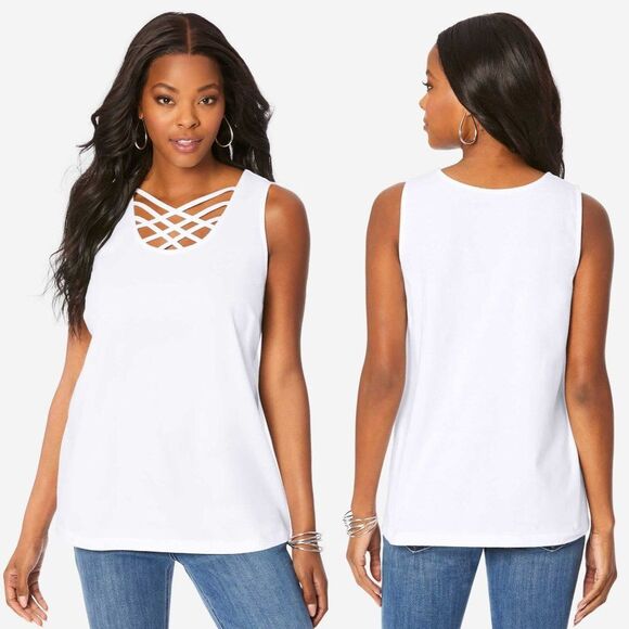 Rayon Sleeveless Lattice Top - White - Picture 1 of 3